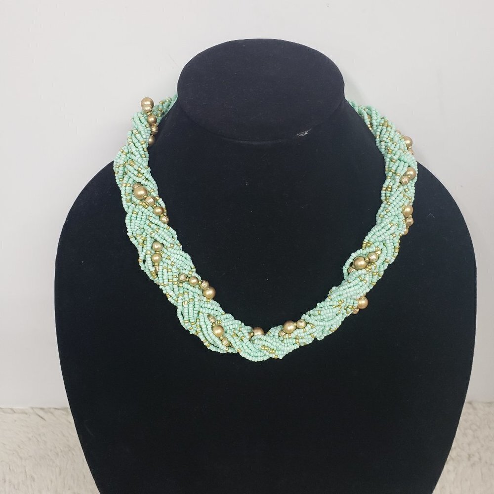 Necklace Minty Turquoise Green and Gold Seed Bead Twisted